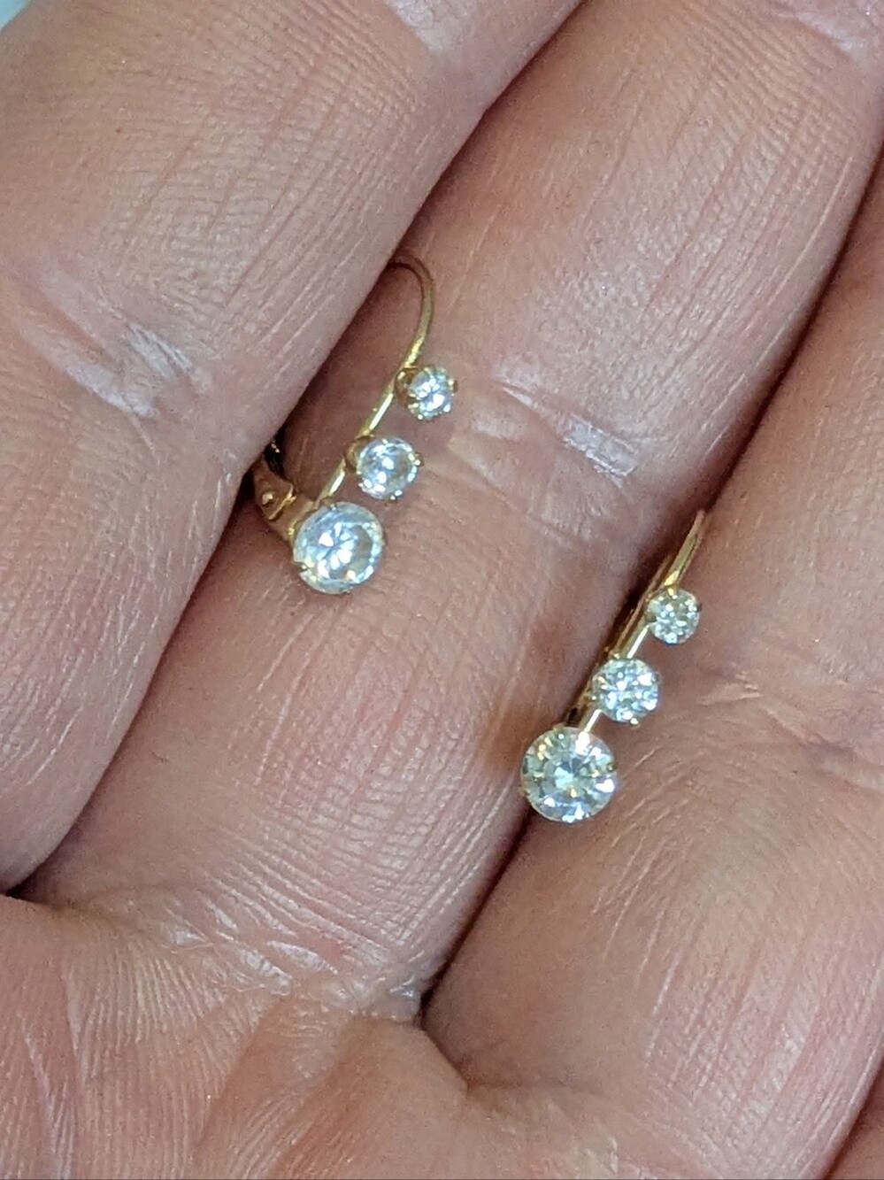 14k Yellow Gold 3 CZ Stone Diamond Simulant Drop Huggie Earrings - Picture 12 of 13